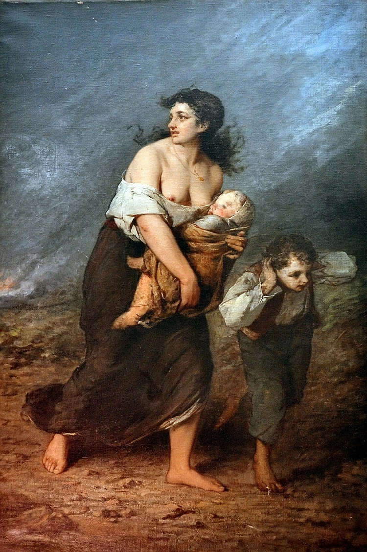 Donna e bambini in fuga - attribuito
